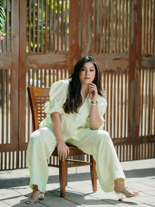 LONG CLASSIC LINEN TOP WITH CLASSIC LINEN FLARED PANTS