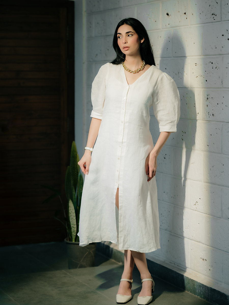 PUFFED SLEEVE MIDI LINEN DRESS
