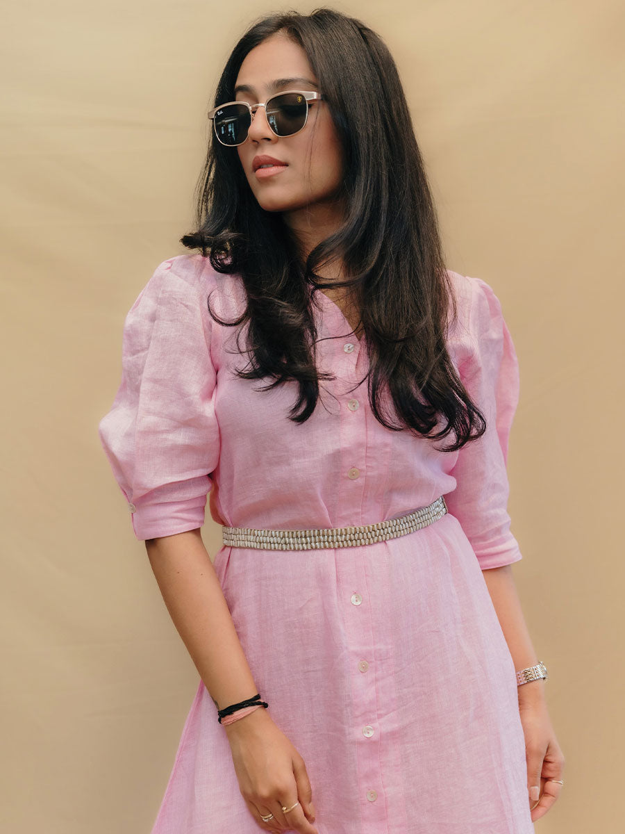 PUFFED SLEEVE MIDI LINEN DRESS