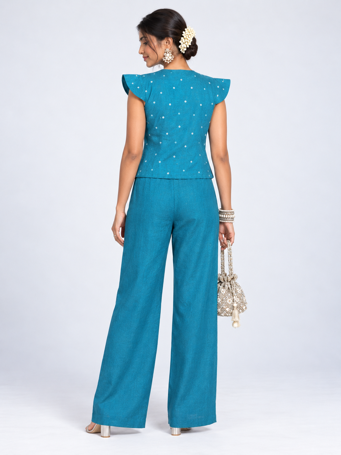 THE TEAL BROCADE BANDHANI LINEN SET