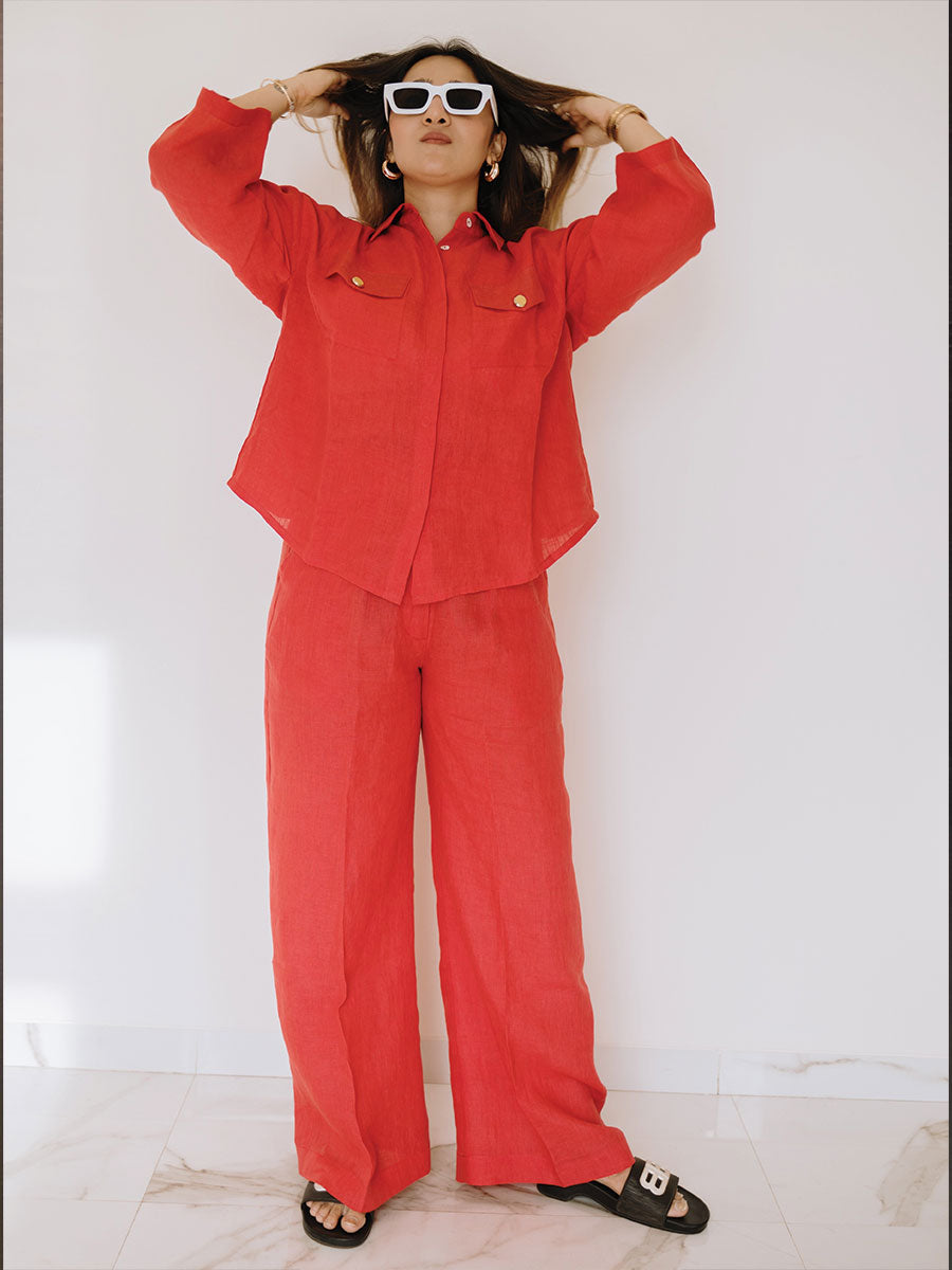 CRIMSON POCKET LINEN PANT SET