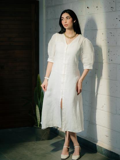PUFFED SLEEVE MIDI LINEN DRESS