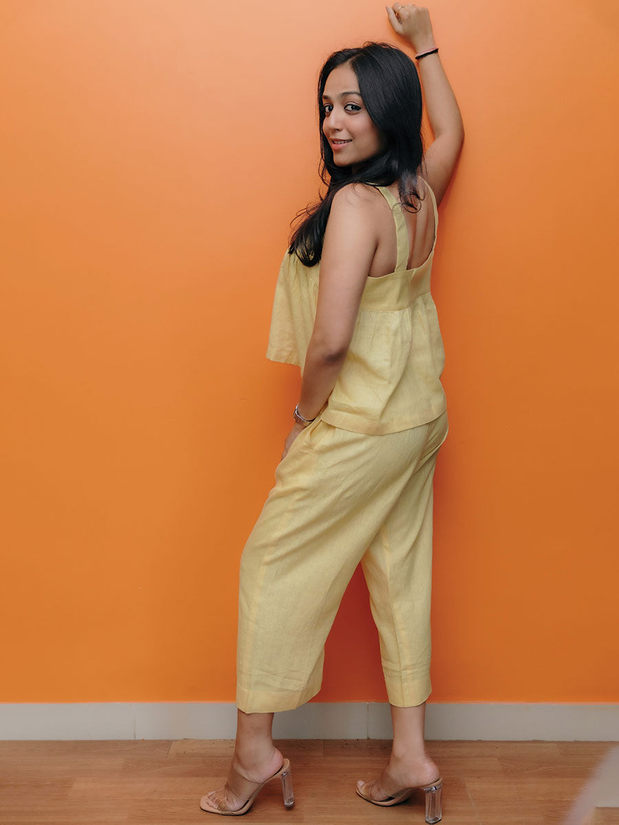 SHORT FLARED LINEN TOP WITH LINEN CULOTTES PANT SET