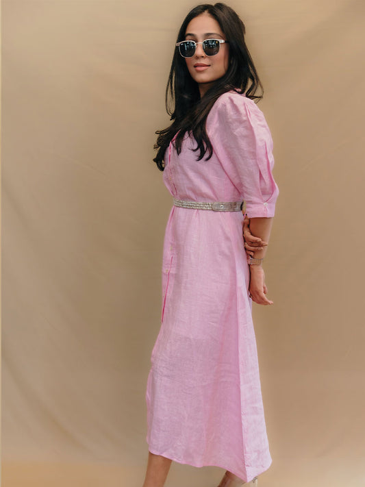 PUFFED SLEEVE MIDI LINEN DRESS