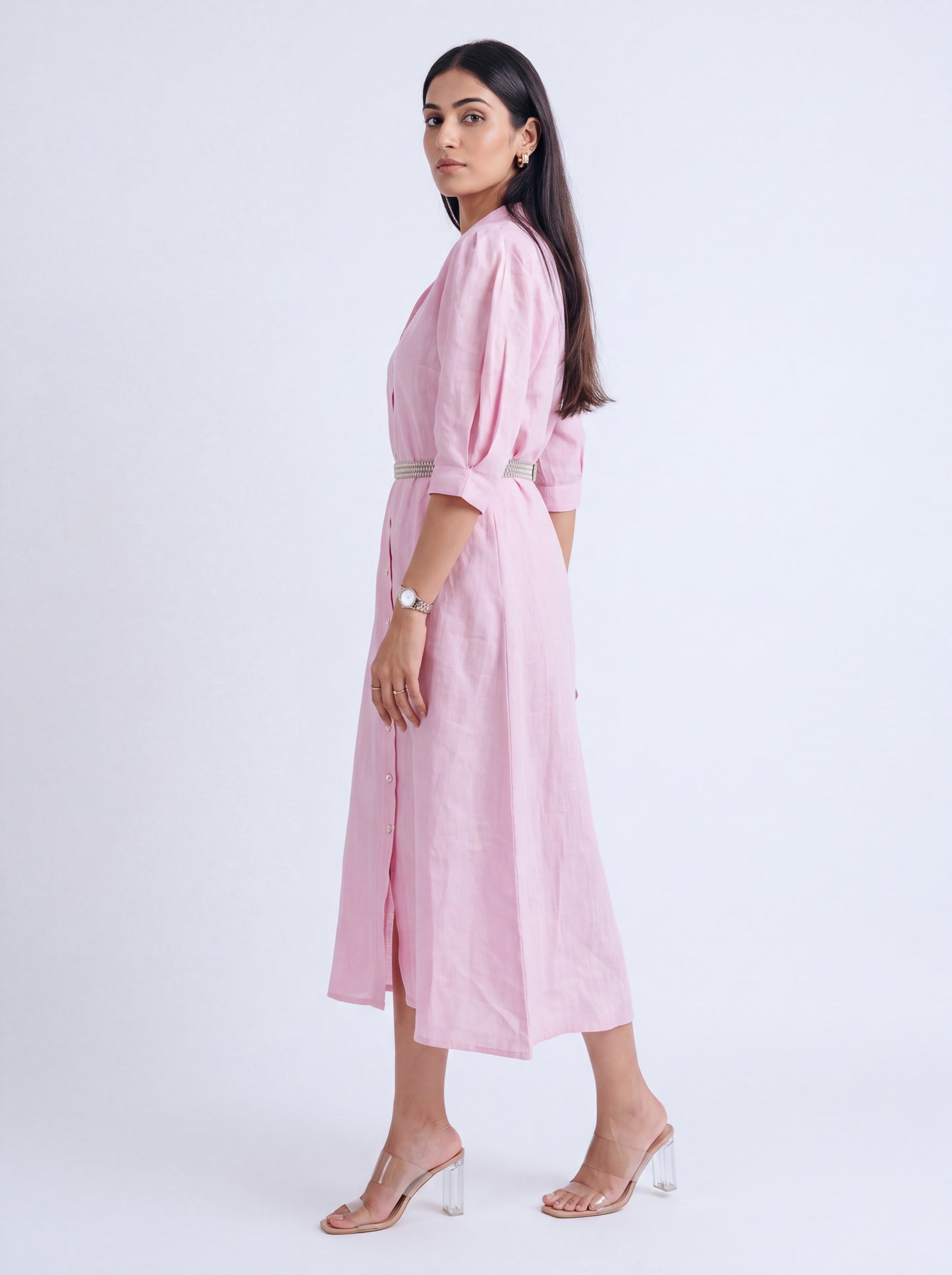 PUFFED SLEEVE MIDI LINEN DRESS