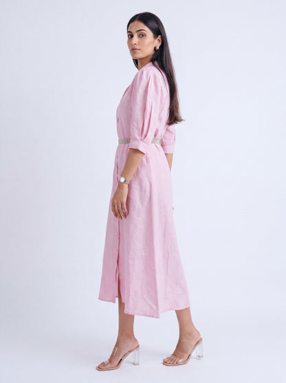 PUFFED SLEEVE MIDI LINEN DRESS