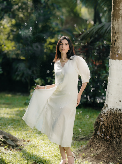 PUFFED SLEEVE MIDI LINEN DRESS