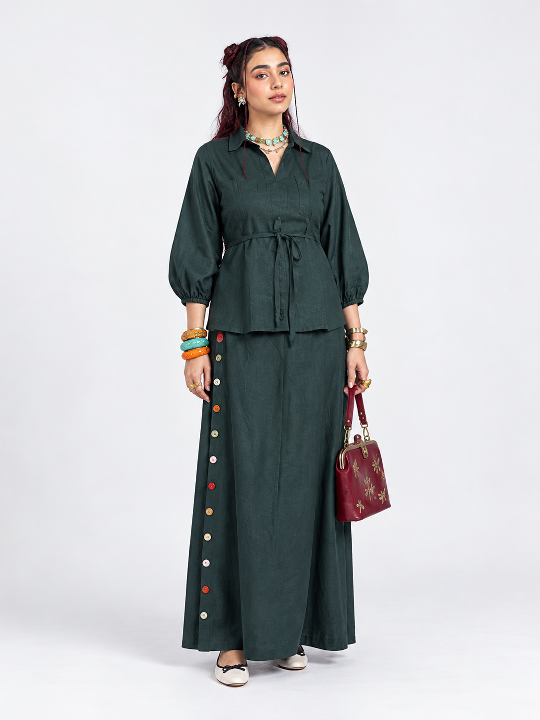 AFTERGLOW LINEN CO-ORD SET - FOREST GREEN