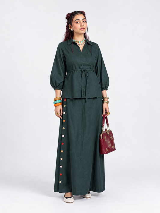 AFTERGLOW LINEN CO-ORD SET - FOREST GREEN