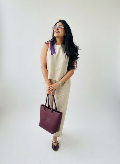 HUSK LINEN CO-ORD SET WITH ORCHID BOW