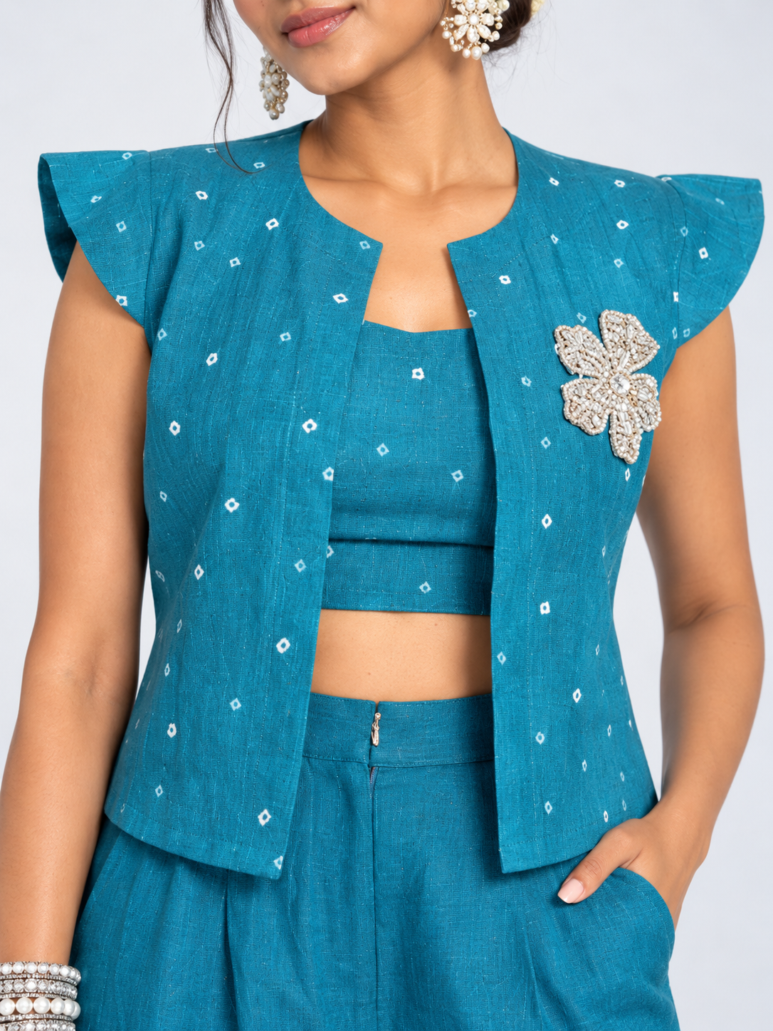 THE TEAL BROCADE BANDHANI LINEN SET