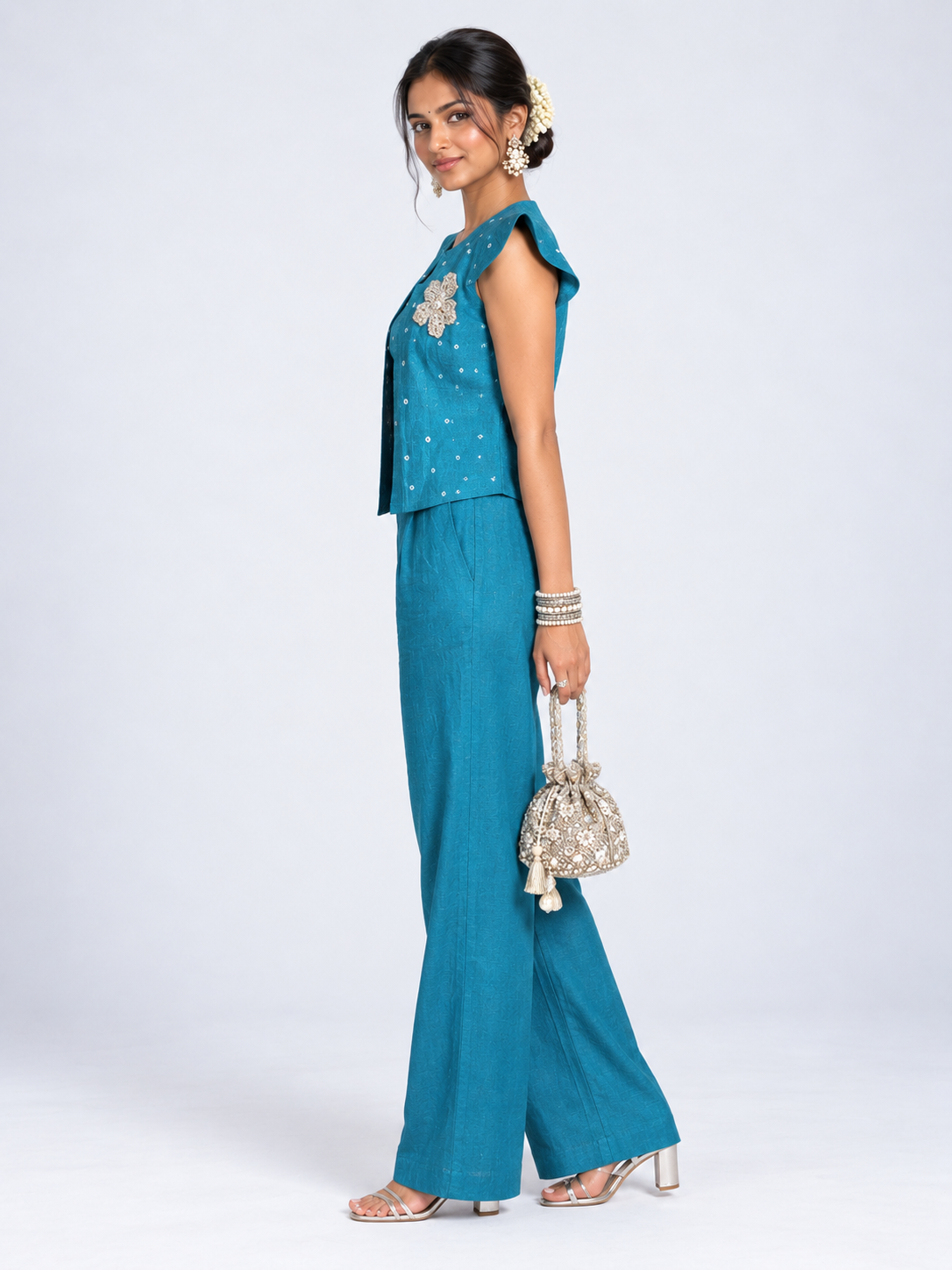 THE TEAL BROCADE BANDHANI LINEN SET