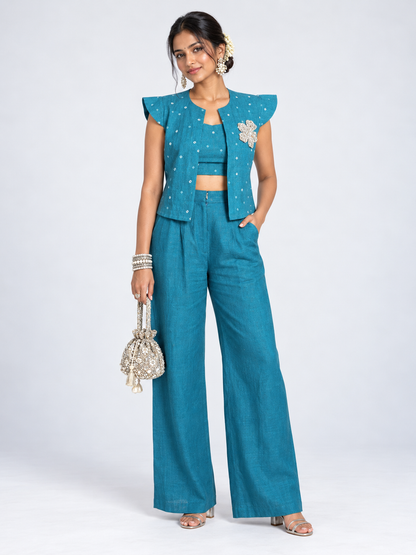 THE TEAL BROCADE BANDHANI LINEN SET