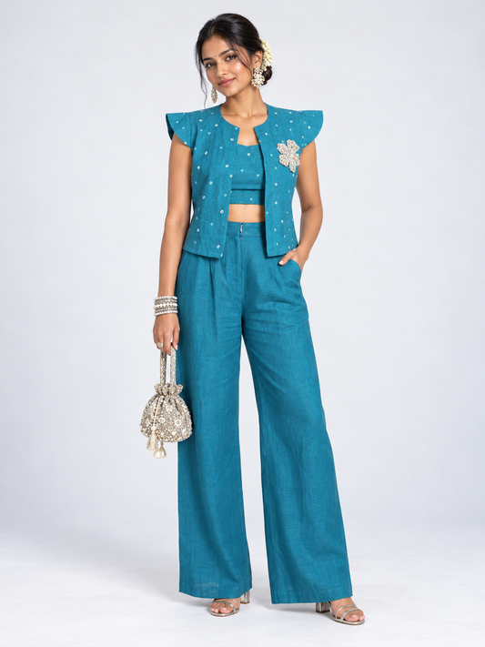 THE TEAL BROCADE BANDHANI LINEN SET