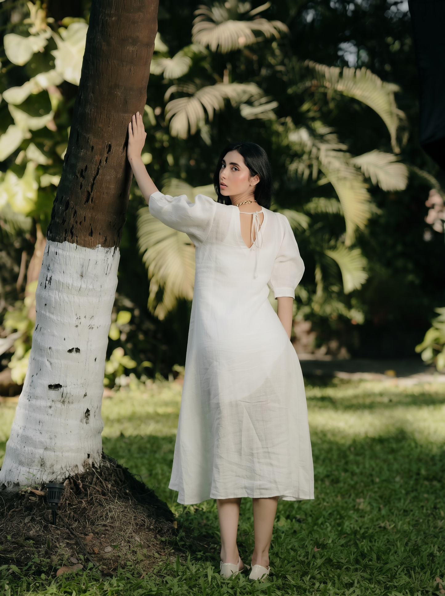 PUFFED SLEEVE MIDI LINEN DRESS