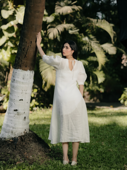 PUFFED SLEEVE MIDI LINEN DRESS