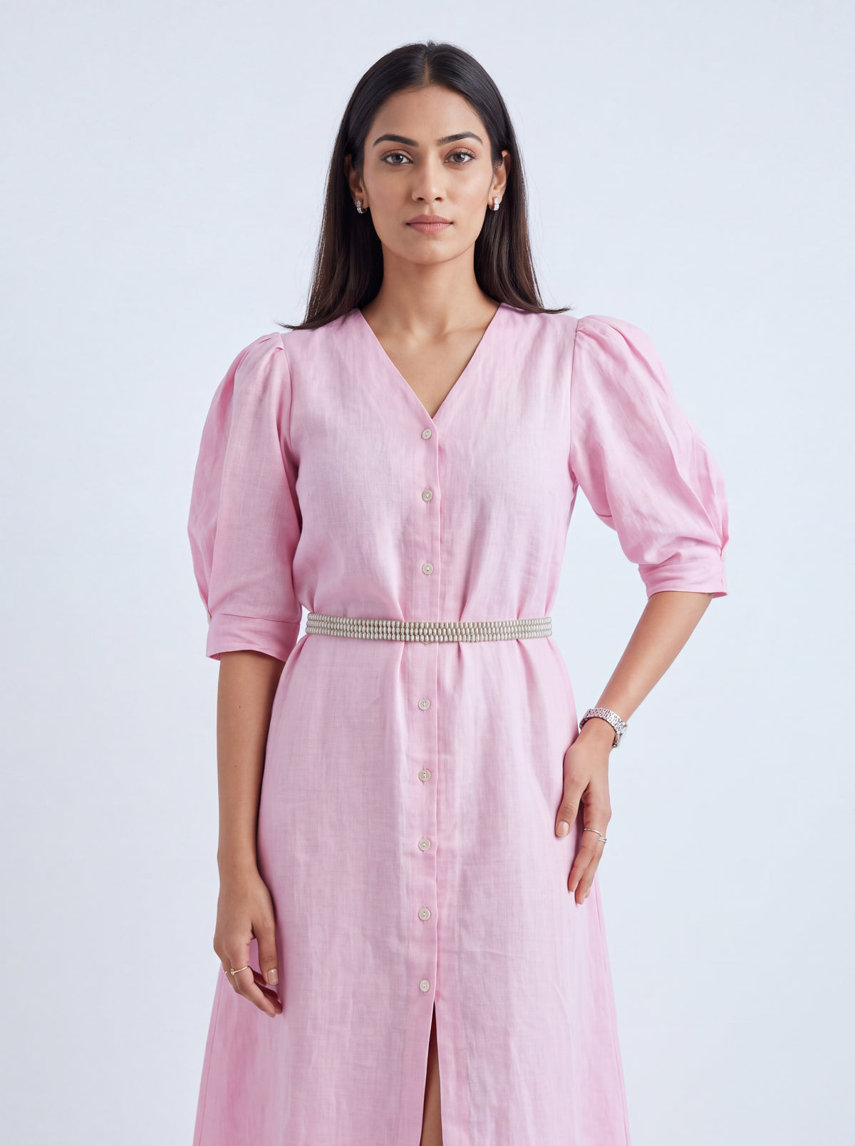 PUFFED SLEEVE MIDI LINEN DRESS