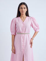 PUFFED SLEEVE MIDI LINEN DRESS